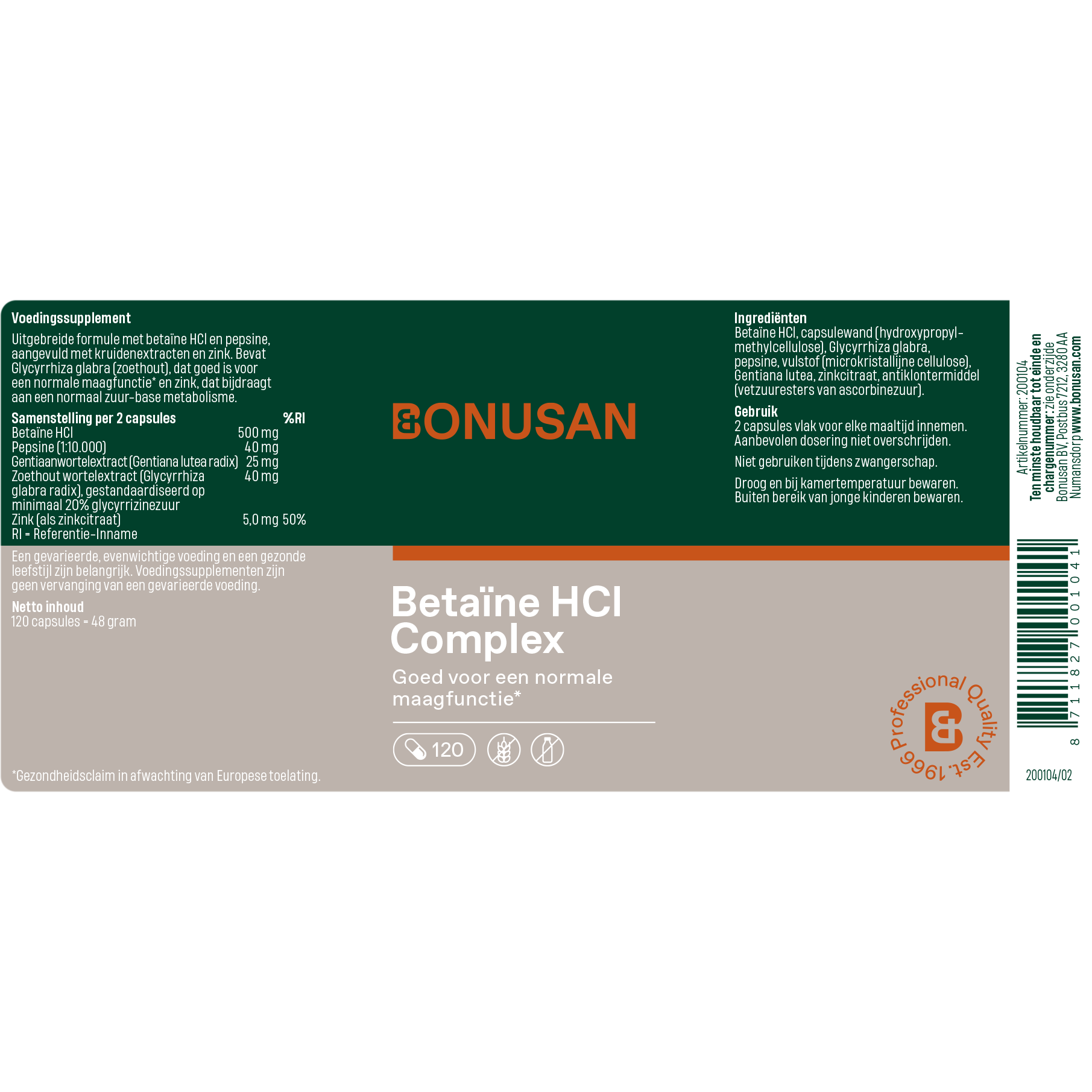 Pi Complex Hcl Betaïne HCl Complex | NL | 120 capsules | 200104 | Bonusan