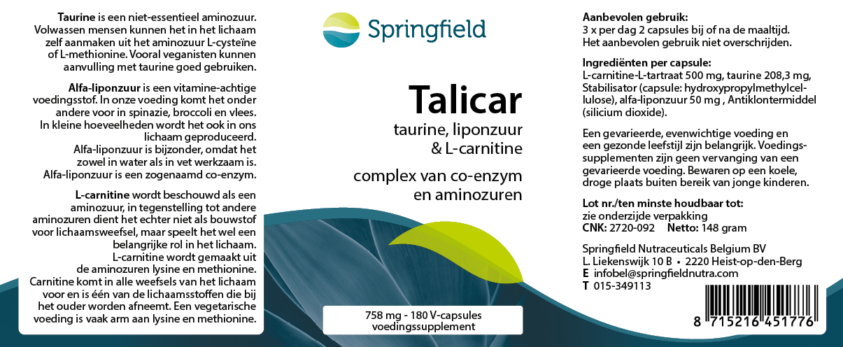 Talicar l-carnitine/taurine/liponzuur 180 v-caps
