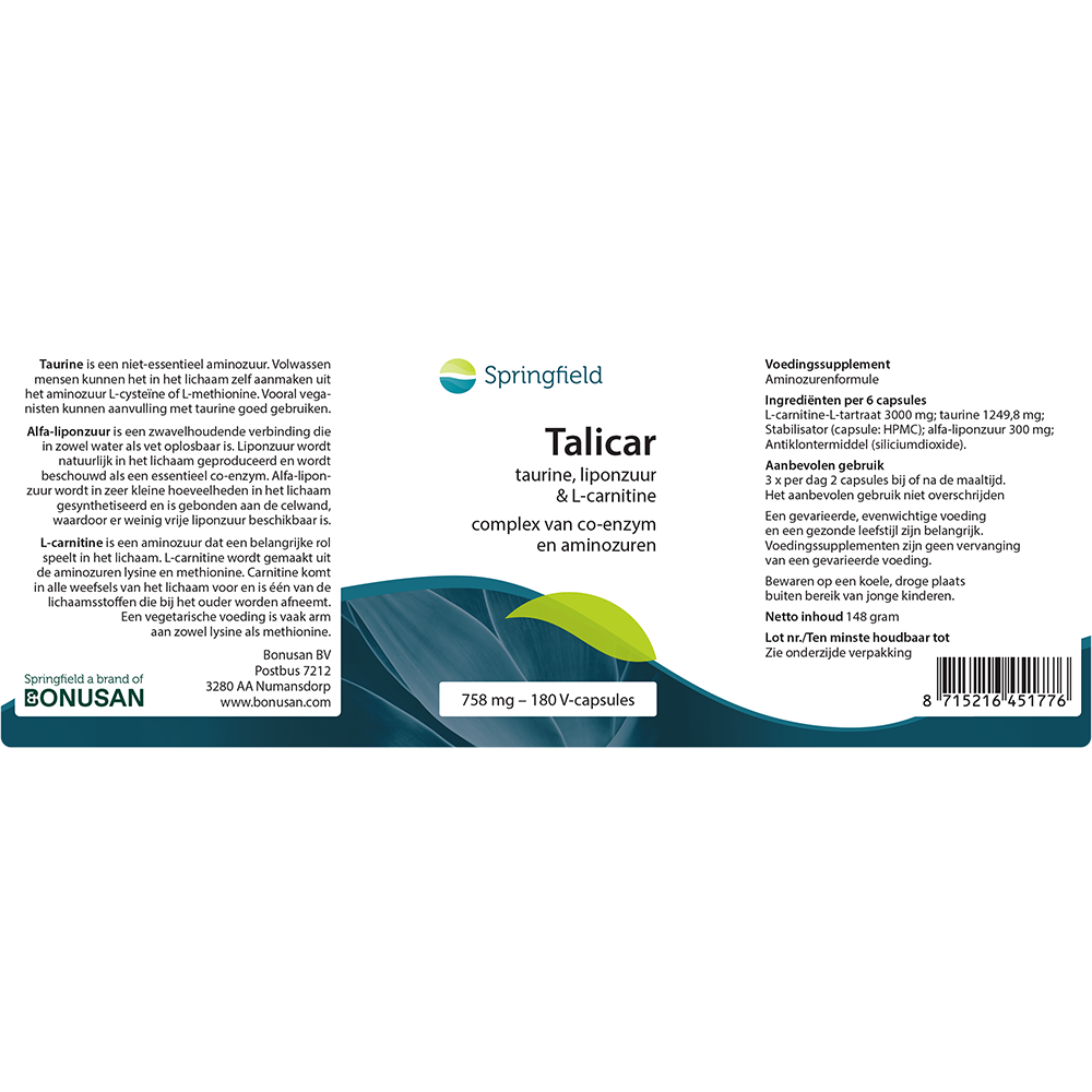 Talicar l-carnitine/taurine/liponzuur 180 v-caps